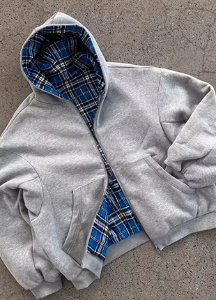 Veste hoodie grise réversible bleu, Y2K unisexe full zip harajuka vintage 2000s taille M, brand: y2k, condition: New without tags, size: M, €39.99, €42.69 includes Buyer Protection