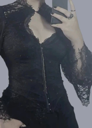 Chemisier gothique Y2K – corset dentelle noire – manches longues – T. M/L, brand: Alternative, condition: Very good, size: L / 40 / 12, €36.00, €38.50 includes Buyer Protection