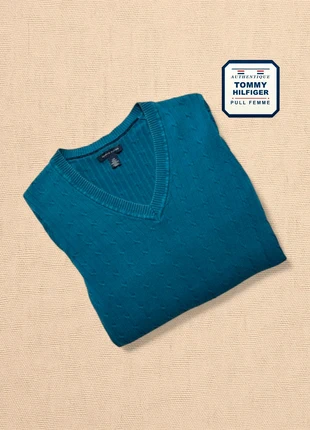 Pull Tommy Hilfiger® Authentique femme col V bleu turquoise taille S/P très bon état THF-1029, marca: Tommy Hilfiger, estado: Muito bom, tamanho: S / 36 / 8, €12.00, €13.30 inclui Proteção do Comprador Pro