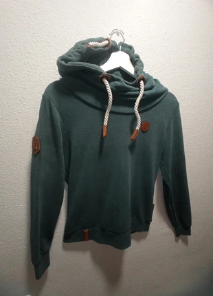 Naketano Hoodie Sweatshirt with Leather Details | Brave New Word | Pine Green, marca: Naketano, estado: Muito bom, tamanho: M, €35.00, €37.45 inclui Proteção do Comprador