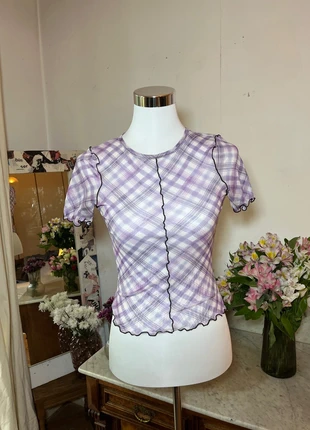 y2k Mesa Top lila kariert transparent Rüschennaht, marque: Urban Outfitters, état: Très bon état, taille: S / 36 / 8, 15,00 €, 16,45 € Protection acheteurs incluse