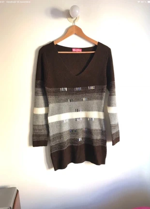 Pull long marron à rayures et avec fils métallisés argentés taille 40, merk: GARDEN, staat: Heel goed, maat: L / 40 / 12, € 8,00, € 9,10 inclusief Kopersbescherming