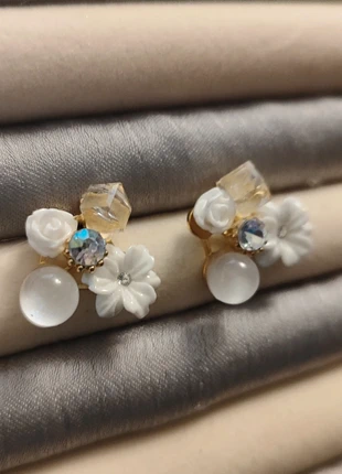 Trending Whimsical Floral Cluster Stud Earrings | White Flower, Crystal & Amber Gem Accents, brand: Oliver Bonas, condition: Very good, £8.23, £9.34 includes Buyer Protection