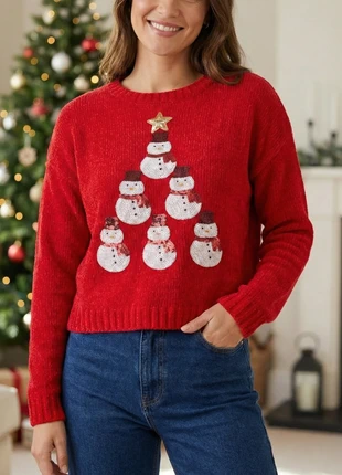 Pull de Noël H&M rouge - Sapin Bonhommes de neige sequins - Taille S, marque: Noël, état: Très bon état, taille: S / 36 / 8, 14,90 €, 16,35 € Protection acheteurs incluse