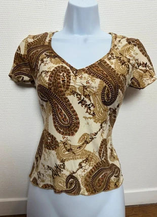 Top col V imprimé marron & beige vintage authentique année 2000s S/M, marke: Vintage Dressing, zustand: Sehr gut, größe: S / 36 / 8, 13,90 €, 15,30 € beinhaltet Vinted-Käuferschutz Pro