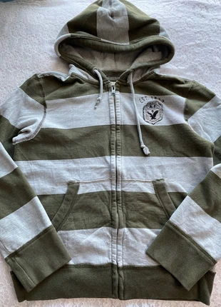 2009 green grey striped zip up hoodie, brand: American Eagle, condition: Good, size: M, $32.00, $34.30 includes Buyer Protection