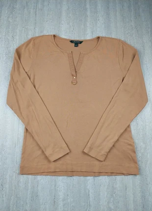 Haut Lauren Ralph Lauren L – beige camel, col tunisien à boutons dorés, merk: Lauren Ralph Lauren, staat: Heel goed, maat: L / 40 / 12, € 17,00, € 18,55 inclusief Kopersbescherming
