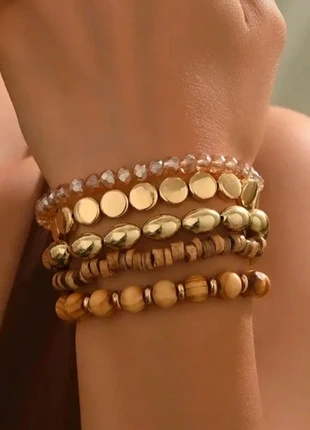 Lot de 4 bracelets élastiques dorés & bois, marque: CHIC, état: Neuf sans étiquette, 4,00 €, 4,90 € Protection acheteurs incluse