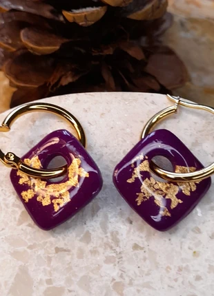 Créoles dorées avec pampilles carré violet or, marque: Loybijoux, état: Très bon état, 5,00 €, 5,95 € Protection acheteurs (Pro) incluse