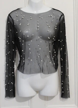 Black mesh sheer long sleeve top with pearl embellishment - large, brand: Unbranded, condition: New without tags, size: L / 12, £9.00, £10.15 includes Buyer Protection