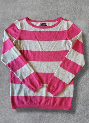 Pull femme Tommy Hilfiger rayé rose fuchsia et gris Pima Coton logo brodé - S, merk: Tommy Hilfiger, staat: Heel goed, maat: S / 36 / 8, € 21,00, € 22,75 inclusief Kopersbescherming