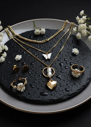 Ensemble de bijoux dorés femme – collier multicouche cœur + bagues & boucles d’oreilles 💍, marque: Perú, état: Neuf avec étiquette, 17,90 €, 19,50 € Protection acheteurs incluse