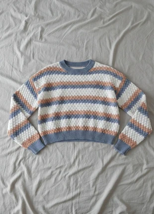 Pull Rayé Bleu Beige Écru Style Vintage 90s Doux Automne Hiver, marca: Elandra, estado: Muito bom, tamanho: M / 38 / 10, €44.99, €47.94 inclui Proteção do Comprador