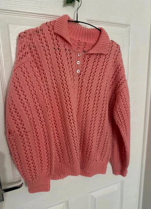 Handmade (Fits 8-12) Pink Open-Knit Collared Jumper - Polo Style - Damage Noted, brand: NO LABEL, condition: Satisfactory, size: M / 10, £5.00, £5.95 includes Buyer Protection