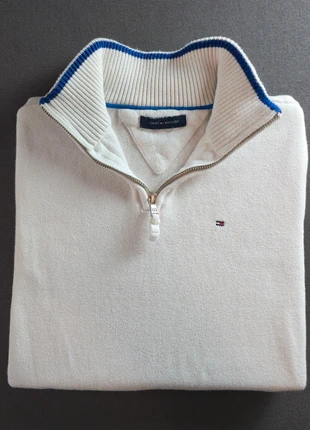 Pull zippé col montant blanc Tommy Hilfiger homme taille M coton bandes bleu rouge hiver, brand: Tommy Hilfiger, condition: Very good, size: M, €15.00, €16.45 includes Buyer Protection
