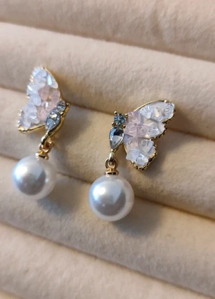 Delicate Iridescent Butterfly & Faux Pearl Drop Earrings - Romantic Fairycore Jewellery UK, brand: Oliver Bonas, condition: Very good, £8.23, £9.34 includes Buyer Protection