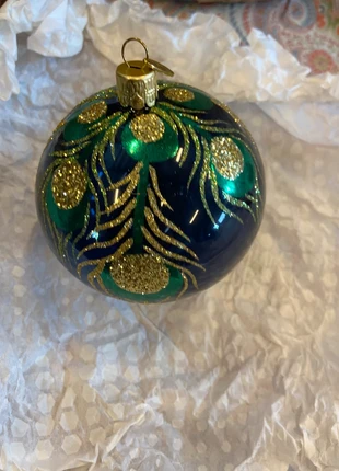 Grote donkerblauwe kerstbal met gouden pauwenveer patroon, marca: De Bijenkorf, estado: Muy bueno, 5,00 €, 5,95 € Protección al comprador incluida