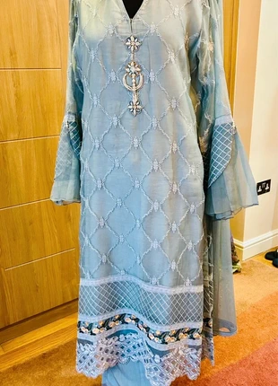New stunning Grey and silver silk and organza embroidered suit with net dupata+silk trousers, brand: Jeem, condition: New without tags, size: L / UK 16-18, £42.00, £44.80 includes Buyer Protection