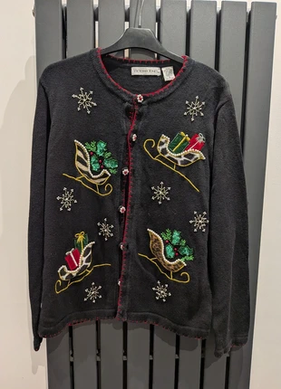 Vintage Victoria Jones Black Christmas Cardigan - Beaded Sleigh/Sled Sweater UK 12, brand: victoria jones, condition: Good, size: M / UK 12-14, £22.00, £23.80 includes Buyer Protection