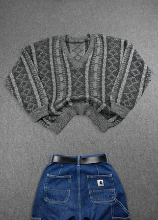 Pull Ethnic à Col V Vintage 80s en Maille Gris à Motifs Torsades Reliefs 30% Laine (L), marque: Vintage Dressing, état: Très bon état, taille: L, 28,00 €, 30,10 € Protection acheteurs (Pro) incluse