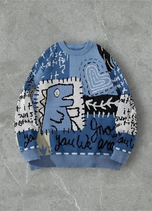Pull Sweat Knit Vintage Y2K Motifs Dinosaure, Lettres Bleu Coeur, Taille M - Old School USA 90s, marque: y2k, état: Très bon état, taille: M, 54,00 €, 57,40 € Protection acheteurs incluse