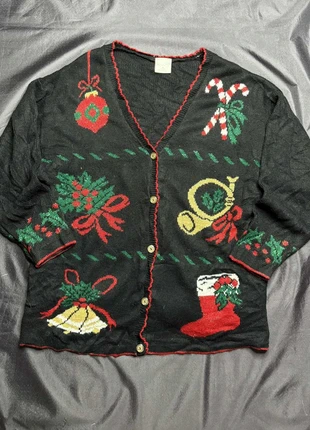 Gilet vintage de Noël Style Studio – Motifs fêtes, cloches, chaussette & houx – Taille XL, merk: Vintage Dressing, staat: Heel goed, maat: XL / 42 / 14, € 30,00, € 32,20 inclusief Kopersbescherming Pro