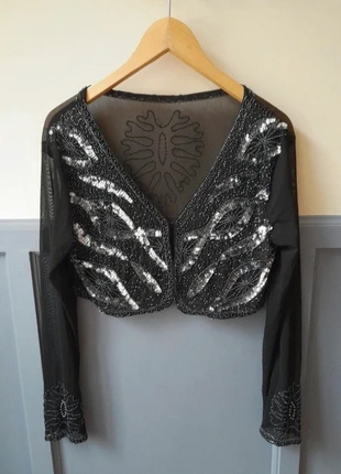 VTG black & silver sequin beaded retro sheer long sleeve cropped evening Christmas party cardigan, brand: Vintage, condition: Very good, size: L / 12, £24.00, £25.90 includes Buyer Protection