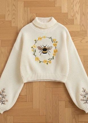 Pull court en maille crème brodé abeille et fleurs – taille S – style bohème chic automne hiver, brand: la belle boutique, condition: Very good, size: S / 36 / 8, €43.00, €45.85 includes Buyer Protection Pro