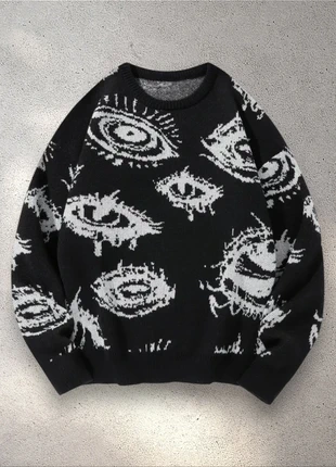 Pull en Maille Vintage Yeux Gothiques Noir Blanc Taille XL - Old School USA 90s Y2K Knit Streetwear, merk: y2k, staat: Heel goed, maat: XL, € 51,95, € 55,25 inclusief Kopersbescherming Pro