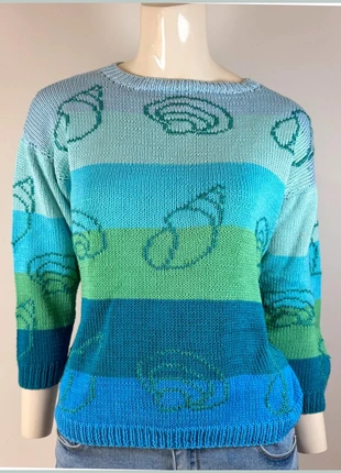Pull vintage coquillages – bleu et vert – motif marin – fait main, brand: Vintage Dressing, condition: Good, size: M / 38 / 10, €6.90, €7.95 includes Buyer Protection