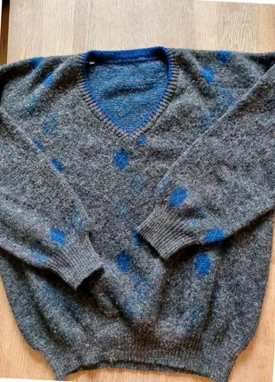 Pull grand col V,vintage oversize femme – Tricot moucheté à losanges bleus , XL., condition: Very good, size: XL / 42 / 14, €35.00, €37.45 includes Buyer Protection