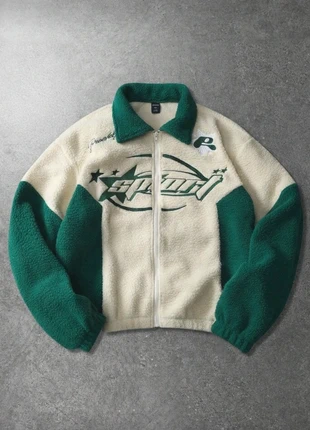 Veste polaire Sherpa Varsity Streetwear - Style Racing Américain (Blanc/Vert) - Taille M, marque: y2k, état: Très bon état, taille: M, 55,00 €, 58,45 € Protection acheteurs incluse