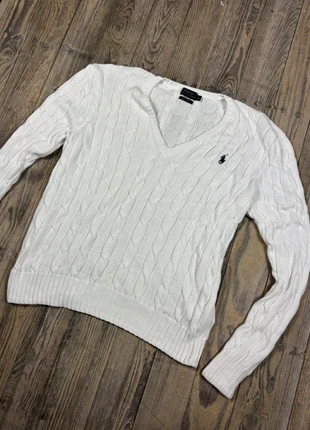 Pull Torsadé/Tresser Ralph Lauren col V Blanc - Logo brodé en Bleu marine - Taille XL Femme, brand: Ralph Lauren, condizioni: Ottime, taglia: XL / IT 46 / EU 42, €40.00, €42.70 include la Protezione acquisti