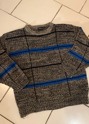 Pull d’hiver à carreaux vintage - gris chiné et bleu coupe boxy, brand: Vintage Dressing, condition: Very good, size: M, €35.00, €37.45 includes Buyer Protection