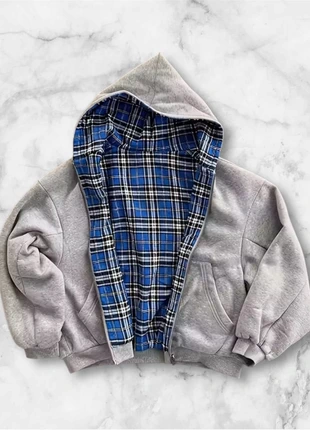 Veste à capuche grise doublée en flanelle bleue à carreaux, taille M, style streetwear vintage, marque: y2k, état: Très bon état, taille: M, 45,00 €, 47,95 € Protection acheteurs (Pro) incluse