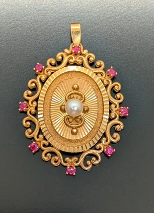 Pendentif en métal plaqué or, pierres roses et perle de culture FIX, brand: FIX, condition: Very good, €50.00, €53.20 includes Buyer Protection Pro