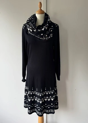 Vintage Invisible knit stretch dress 40 42 midi long black shiny cream geometric festive, merk: Invisible, staat: Heel goed, maat: L / 40 / 12, € 49,00, € 52,15 inclusief Kopersbescherming