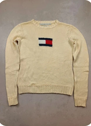 Pull en maille col rond Tommy Hilfiger flag big logo 100% coton jaune clair taille XS, brand: Tommy Hilfiger, condition: Very good, size: XS / 34 / 6, €19.90, €21.60 includes Buyer Protection Pro