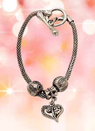 VTG Silver-Tone Mesh Bracelet w/ Filigree Heart Charm & Decorative Beads, Boho, brand: NO LABEL, condition: Very good, $15.00, $16.45 includes Buyer Protection