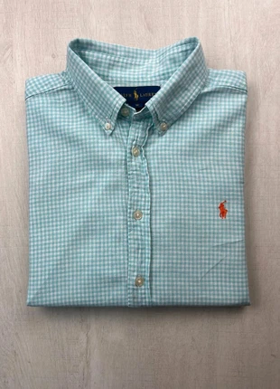 Chemise Ralph Lauren bleu turquoise vichy logo orange brodé – Taille 18 (homme), brand: Ralph Lauren, condition: Good, size: M, €32.00, €34.30 includes Buyer Protection Pro