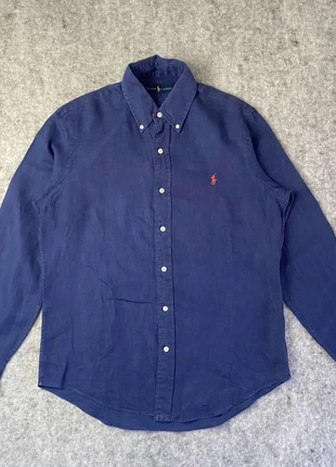 Chemise en lin Ralph Lauren bleu marine logo brodé rouge - S, merk: Ralph Lauren, staat: Heel goed, maat: S, € 54,90, € 58,35 inclusief Kopersbescherming