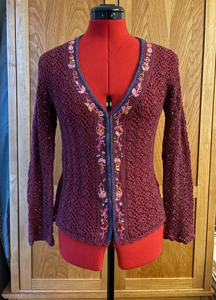 Vintage Monsoon Maroon Crochet y2k Cardigan with embellishment, brand: Monsoon, condition: Very good, size: L / UK 16-18, £19.00, £20.65 includes Buyer Protection