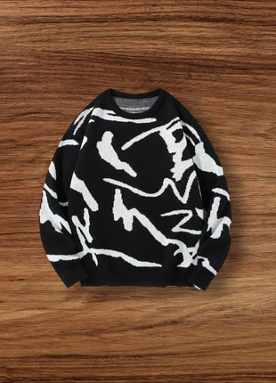 Pull Vintage Y2K Motifs Rayures Noir Blanc Taille Xl - Américain Old School USA 90s Streetwear, brand: Aesthetic, condition: Very good, size: XL, €49.90, €53.10 includes Buyer Protection