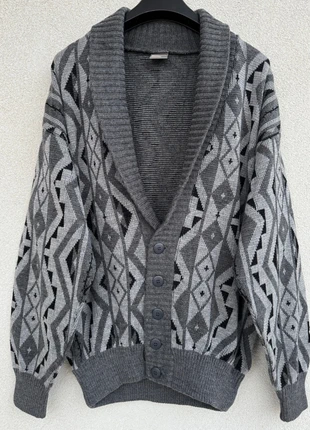 Cardigan Oversize Lana Vintage '90s Maglione Geometrico Grigio Spallone Shawl Collar, brand: Vintage Dressing, condizioni: Ottime, taglia: L, €30.00, €32.20 include la Protezione acquisti
