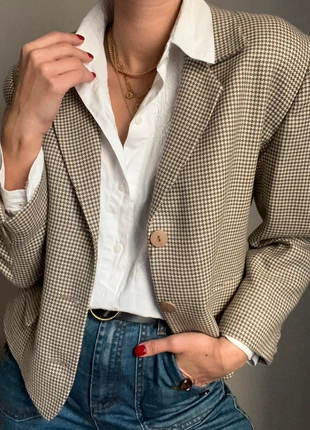 Blazer en pure laine vierge vintage crème / blanc cassé motif pied de poule / pied de coq marron, brand: Vintage Dressing, condition: Very good, size: S / 36 / 8, €30.00, €32.20 includes Buyer Protection Pro