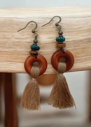 Pendientes Artesanales de Madera y Borla - Estilo Boho 🩷, marque: Local, état: Neuf sans étiquette, 12,00 €, 13,30 € Protection acheteurs incluse