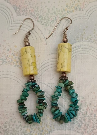 Vintage Earrings Handmade 80s 90s Turquoise Chip & Marble Dangly Hook 7cm Drop, brand: Unbranded, condition: Very good, £12.00, £13.30 includes Buyer Protection