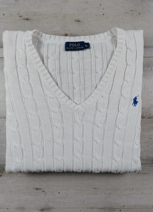 Pull Ralph Lauren torsadé cable knit col V blanc logo brodé marine 100% coton - Taille XL Femme, marque: Ralph Lauren, état: Très bon état, taille: XL / 42 / 14, 45,00 €, 47,95 € Protection acheteurs incluse