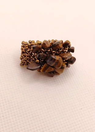 Brown tone tigers eye glass bead beaded adjustable ring, brand: NO LABEL, condition: Good, size: Adjustable, £1.00, £1.75 includes Buyer Protection Pro