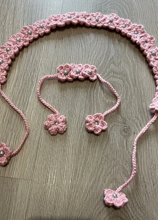 Serre-tête et bracelet assortis au crochet – fleurs roses avec perles, marca: Fait Main, estado: Muy bueno, 7,00 €, 8,05 € Protección al comprador incluida